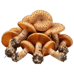 Group of light brown scaly mushrooms, gills visible, on a black background