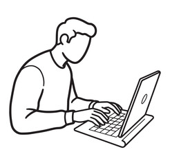Simple black and white illustration of a person working on a laptop computer