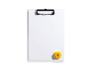 White clipboard, paper, & one yellow flower on black