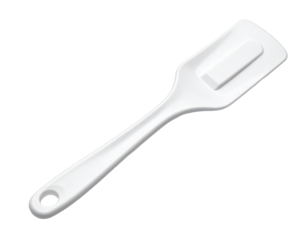 White spatula with curved handle and rectangular blade