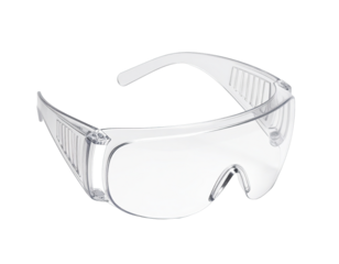 Clear plastic safety glasses on black