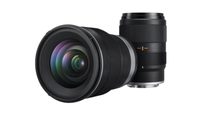 Close up of two professional camera lenses a wide angle lens and a telephoto lens 