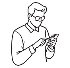 Vector illustration of a man wearing glasses looking at his smartphone device and texting