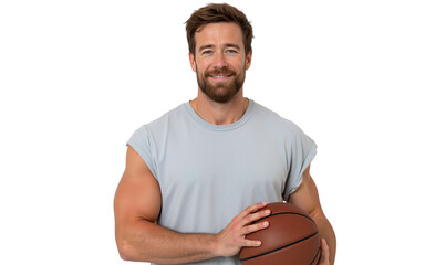 Obraz premium Smiling man in athletic wear, holding a basketball, embodying fitness, sport, and healthy lifestyle