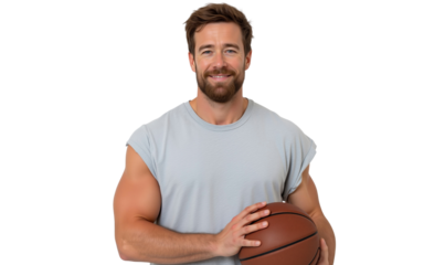 Smiling man in athletic wear, holding a basketball, embodying fitness, sport, and healthy lifestyle