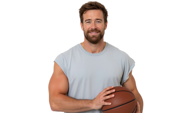 Smiling man in athletic wear, holding a basketball, embodying fitness, sport, and healthy lifestyle - Powered by Adobe