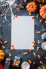Halloween celebration mockup featuring candy corn and pumpkins for festive design. Vertical banner. Copy space. Free space for text. Template for Halloween
