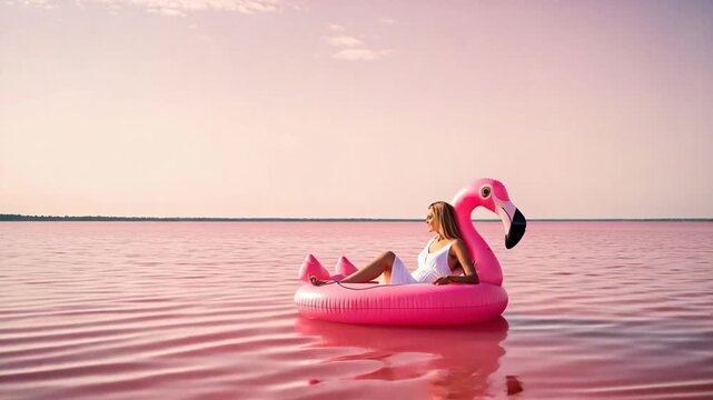Woman relaxing on a pink flamingo float in the water during sunset.