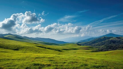 Obraz premium Serene Rolling Hills Under a Blue Sky with Fluffy Clouds and Distant Mountains in a Lush Green Landscape