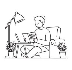 Woman reading document with laptop at home depicting remote work and modern lifestyle