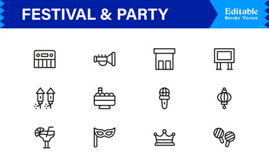 Professional, modern, and pixel-perfect festival and party line icon collection with editable strokes, clean design, and unique style for high-quality creative assets.