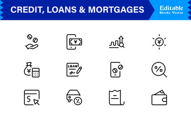 Credit, Loans and Mortgages Line Icon Set Featuring Loans Mortgages Modern Minimal Style with Unique Financial Symbols for Business and Banking Concepts