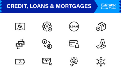 Credit, Loans and Mortgages Line Icon Set Featuring Loans Mortgages Modern Minimal Style with Unique Financial Symbols for Business and Banking Concepts