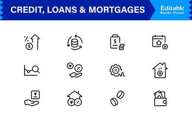 Credit, Loans and Mortgages Line Icon Set Featuring Loans Mortgages Modern Minimal Style with Unique Financial Symbols for Business and Banking Concepts