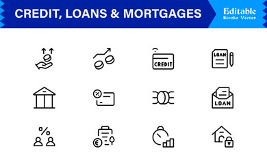 Credit, Loans and Mortgages Line Icon Set Featuring Loans Mortgages Modern Minimal Style with Unique Financial Symbols for Business and Banking Concepts