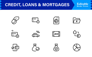 Credit, Loans and Mortgages Line Icon Set Featuring Loans Mortgages Modern Minimal Style with Unique Financial Symbols for Business and Banking Concepts
