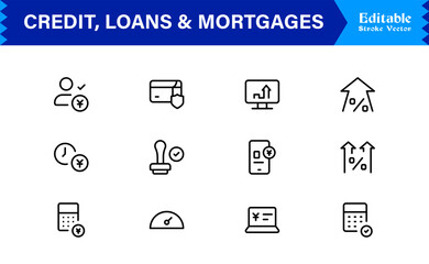 Credit, Loans and Mortgages Line Icon Set Featuring Loans Mortgages Modern Minimal Style with Unique Financial Symbols for Business and Banking Concepts