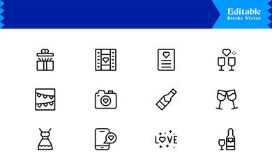 Wedding and Love line icon set featuring editable, pixel-perfect icons. Includes professional, minimal, and modern designs capturing romance and celebration themes.
