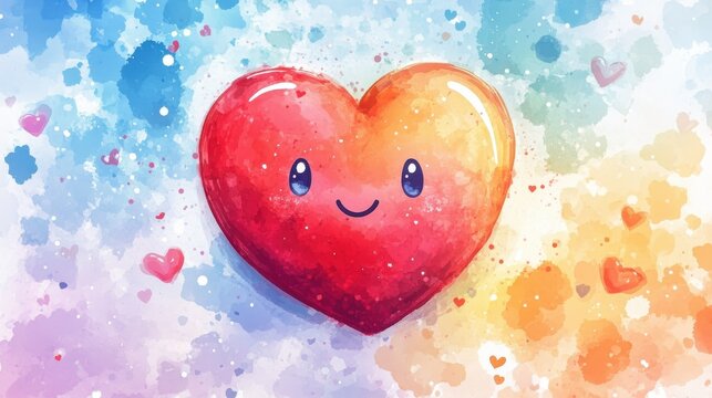 Large cartoon heart with smiling face and watercolor effect