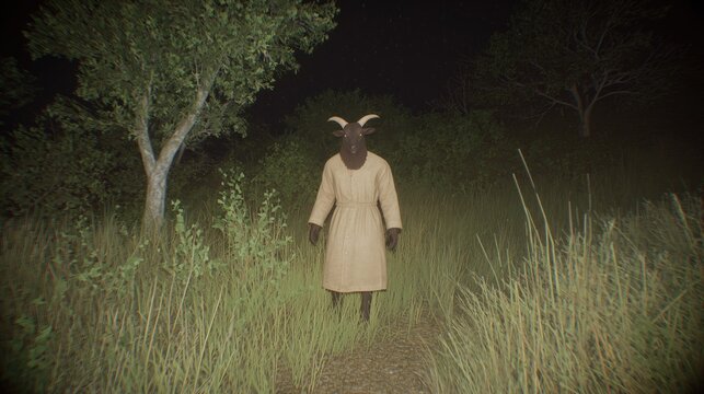 Eerie creepy demonic goat with horns caught somewhere in the middle of the night. Halloween scene