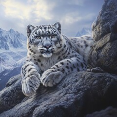 Obraz premium Snow leopard resting on rocks in snowy mountainous region