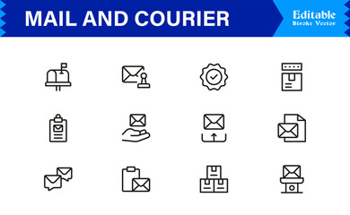 Mail and courier essentials unique line icon collection showcasing clean, pixel-perfect, and scalable line icons tailored for modern postal and logistics concepts.