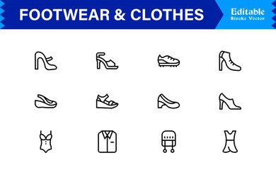 Footwear and clothes line icon set featuring pixel-perfect editable icons with a clean, modern, and minimal style, ideal for fashion, apparel, and retail themes.
