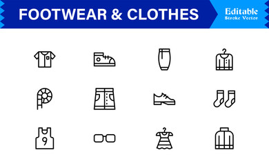 Footwear and clothes line icon set featuring pixel-perfect editable icons with a clean, modern, and minimal style, ideal for fashion, apparel, and retail themes.