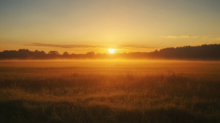 Fototapeta premium Serene sunrise over a tranquil field of grass and trees