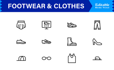 Footwear and clothes line icon set featuring pixel-perfect editable icons with a clean, modern, and minimal style, ideal for fashion, apparel, and retail themes.