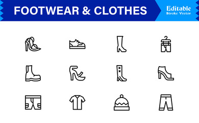 Footwear and clothes line icon set featuring pixel-perfect editable icons with a clean, modern, and minimal style, ideal for fashion, apparel, and retail themes.