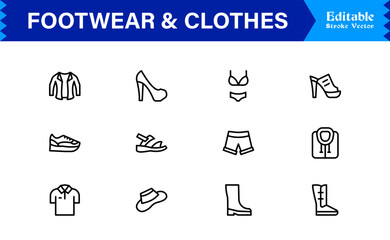 Footwear and clothes line icon set featuring pixel-perfect editable icons with a clean, modern, and minimal style, ideal for fashion, apparel, and retail themes.