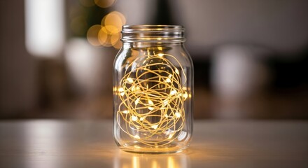 Close-up of a clear glass mason jar filled with warm glowing LED fairy string lights creating a cozy and magical ambiance indoors with blurred bokeh background