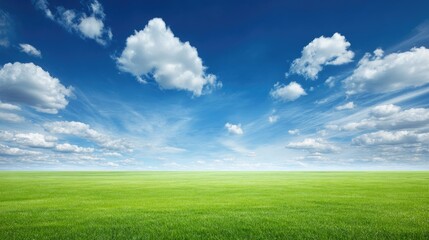 Fototapeta premium Lush Green Grass Under Vast Blue Sky with Fluffy White Clouds and Serene Atmosphere