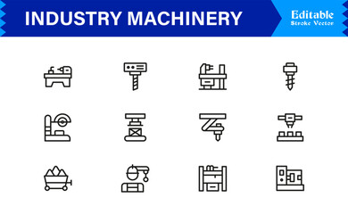 Premium Industry Machinery Line Icon Set Featuring Professional, Modern, And Minimal Editable Line Art For Construction, Manufacturing, And Heavy Equipment