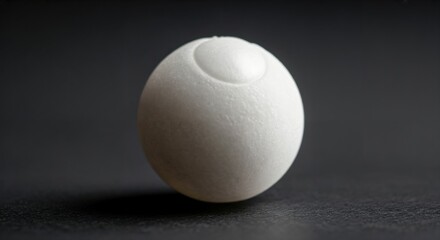Close-up of a white textured sphere with a subtle circular indentation on a dark background, creating an abstract and minimalist geometric composition.