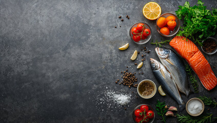 Fresh fish and salmon with citrus and herbs raw salmon fillet