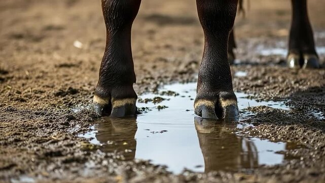 Hooves of Brown Cattle Stand Firmly in Muddy Water Puddle Reflecting Clear Sky and Ground at Field with Warm Lighting and Detailed Texture Depicting Animal Husbandry and Agricultural Practices