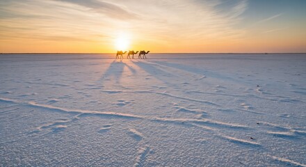 Three camels walking in a line across a vast white salt flat at sunset, casting long shadows under a golden sky.