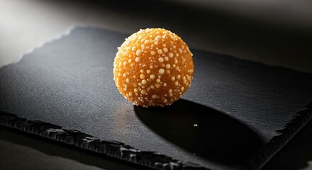 Traditional Indian sweet laddu dessert with sugar pearls on a dark slate board, illuminated by dramatic studio light