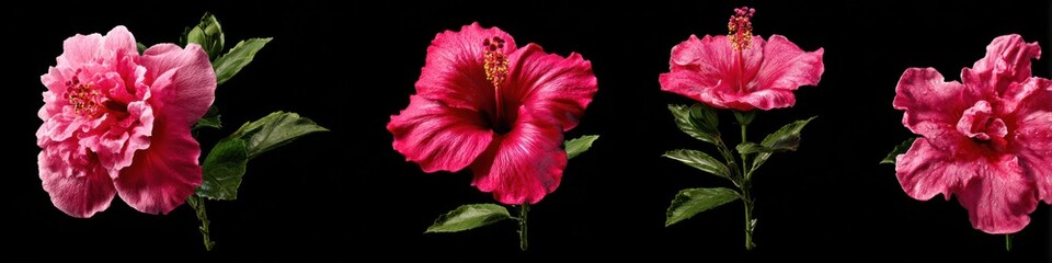 Beautiful blooming hibiscus flowers with green leaves on a black background