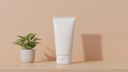 White cosmetic tube and green plant white tube skincare