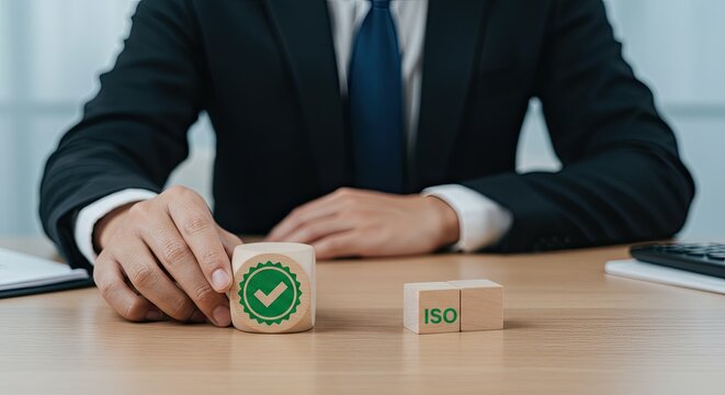 Professional businessman places wooden cube with green checkmark assuring quality and compliance next to ISO blocks signifying international standards achievement
