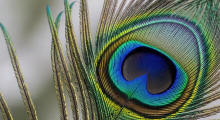 Obraz premium Detailed macro shot of a beautiful peacock feather showcasing its vibrant iridescent blue, green, and gold eye pattern against a soft, blurred background.
