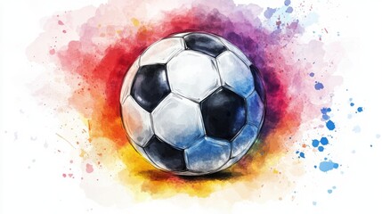 Soccer ball resting on white background with watercolor splashes