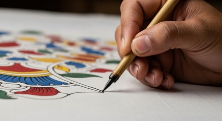 Close-up of a skilled artisan's hand meticulously outlining intricate traditional patterns with a fine brush on white fabric, showcasing detailed craftsmanship and cultural art.