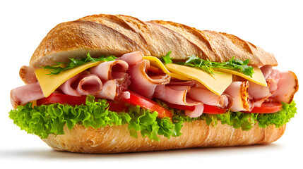 Close-up of two sandwiches with bacon, salami, prosciutto and fresh vegetables on rustic wooden cutting board. Club sandwich concept.