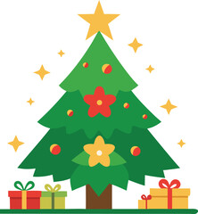 Majestic evergreen christmas tree decoration vector illustration with gifts and stars