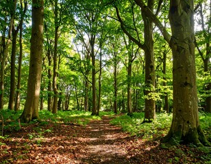 Sunlight path through green forest