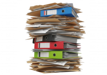 Stacked paper files and binders isolated on a transparent background